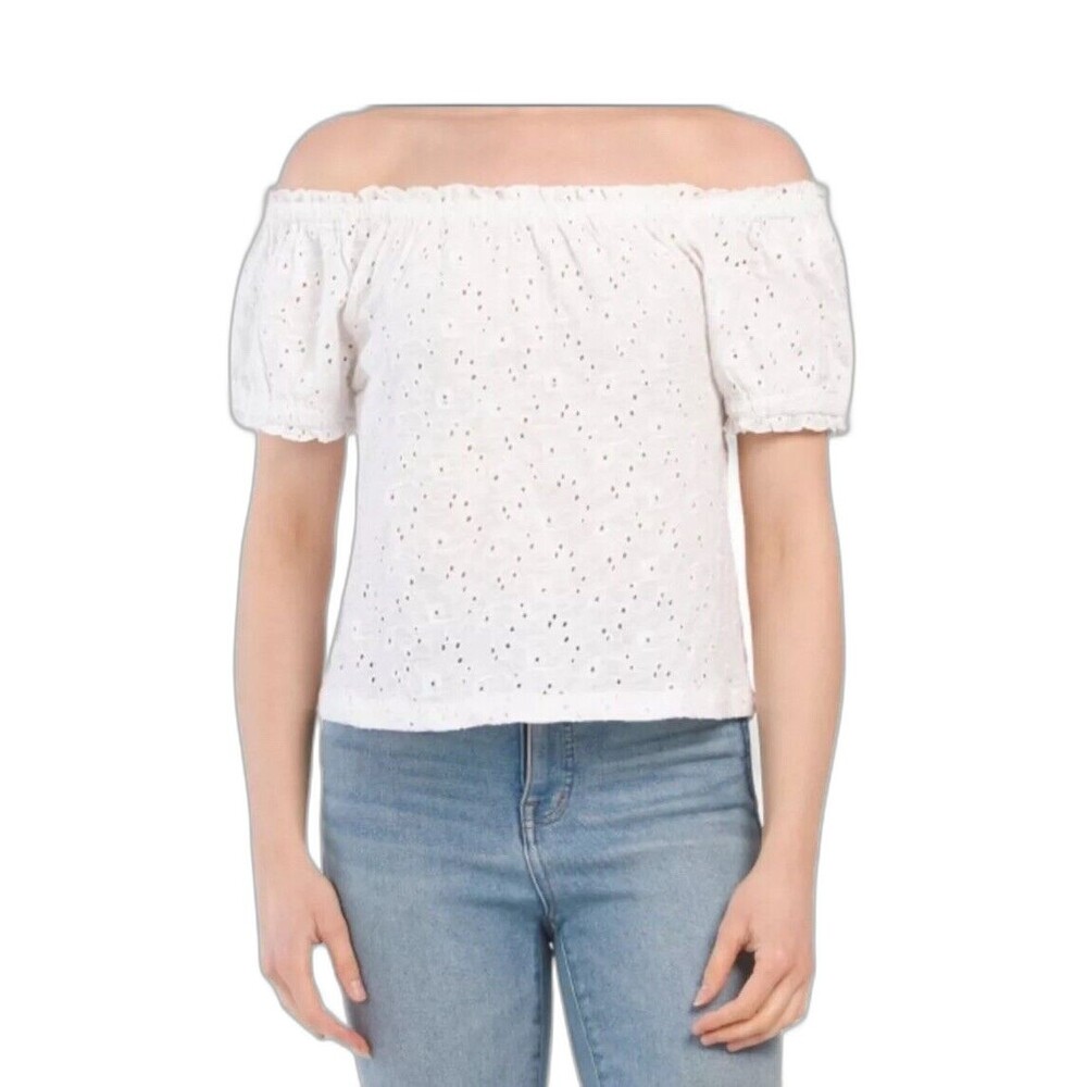 Buffalo David Bitton NWT Gracie Eyelet Top Blouse Short Sleeve White Size XL